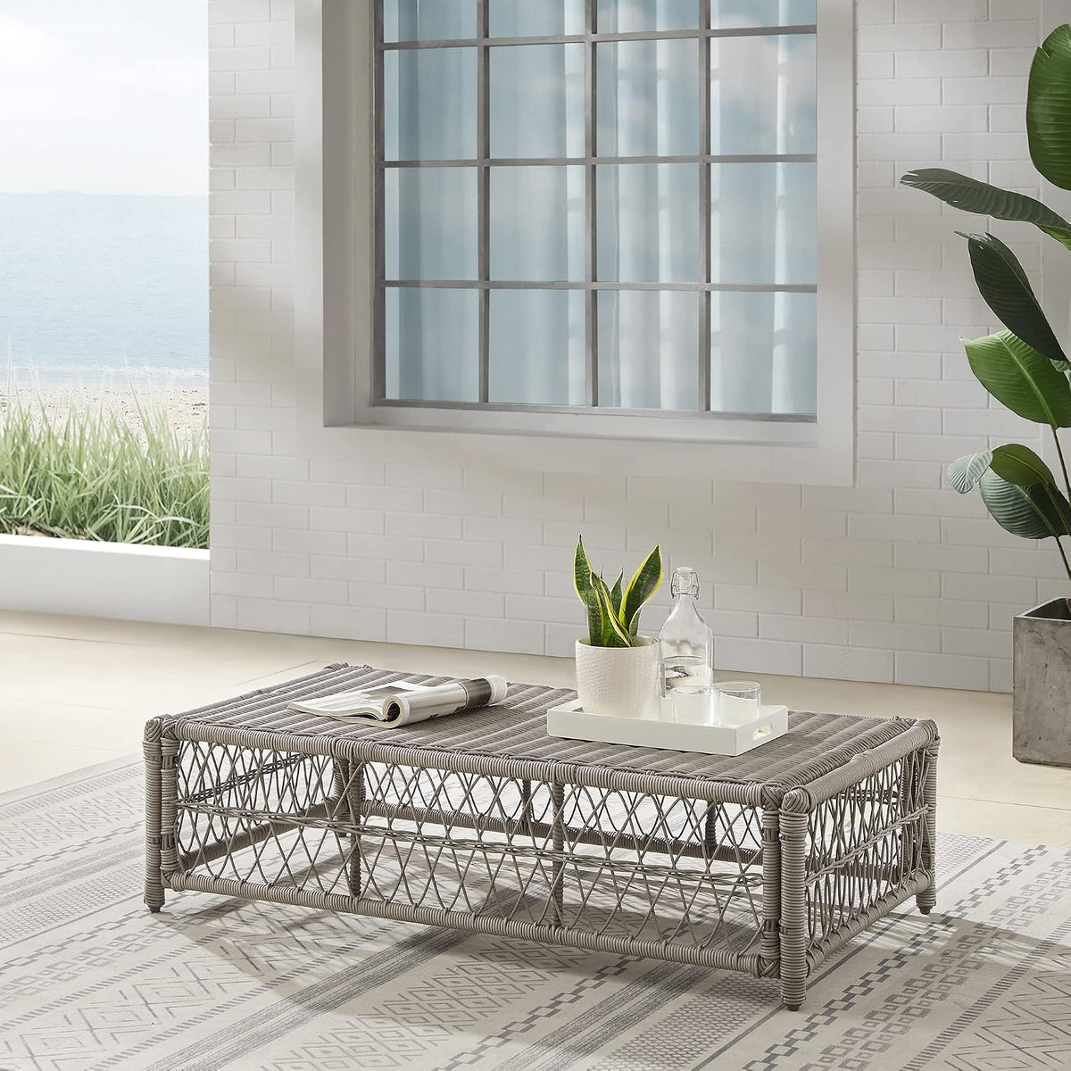 Crosley Furniture Thatcher Wicker Coffee Table and Ottoman Foot Rest for Porch, Deck, Backyard, Driftwood with Creme Cushions