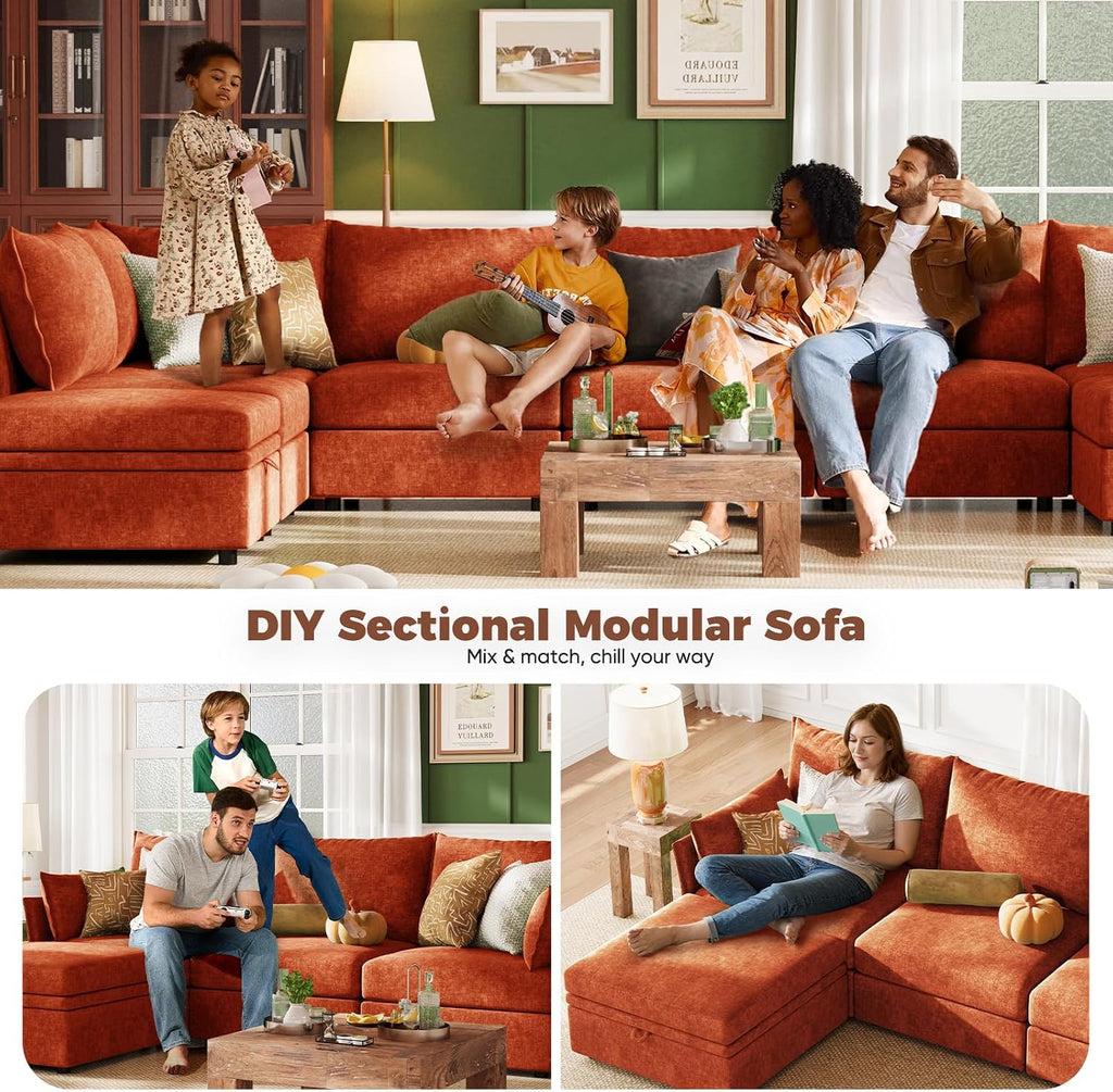 ABCASA L-Shaped 4-Seater Modular Sectional Sofa with Movable Storage Ottoman, Comfy Cloud Couch Set in Terracotta Orange Chenille for Living Room