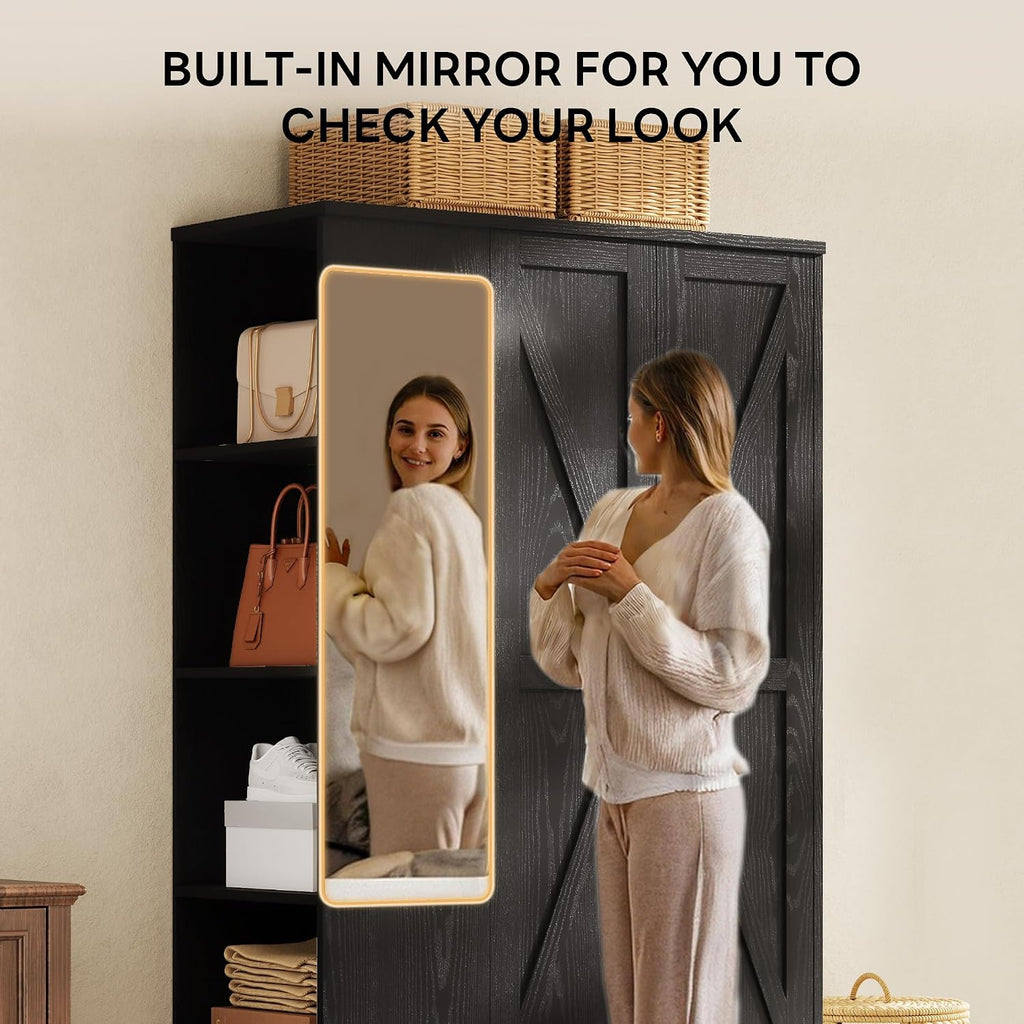 LIKIMIO Armoire Wardrobe Closet 70 Inches, Large Storage with Mirror, 2 Doors, Drawer, and Shelves, Modern Bedroom Freestanding Wooden Wardrobe Combination with Hanging Rail, Black