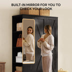 LIKIMIO Armoire Wardrobe Closet 70 Inches, Large Storage with Mirror, 2 Doors, Drawer, and Shelves, Modern Bedroom Freestanding Wooden Wardrobe Combination with Hanging Rail, Black