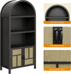 RoyalCraft Tall Arched Storage Cabinet with Rattan Door, 5-Tier Arched Kitchen Pantry with Adjustable Shelves, Black Bookshelf Bookcase Curio Display Cabinet Cupboard for Kitchen, Living Room