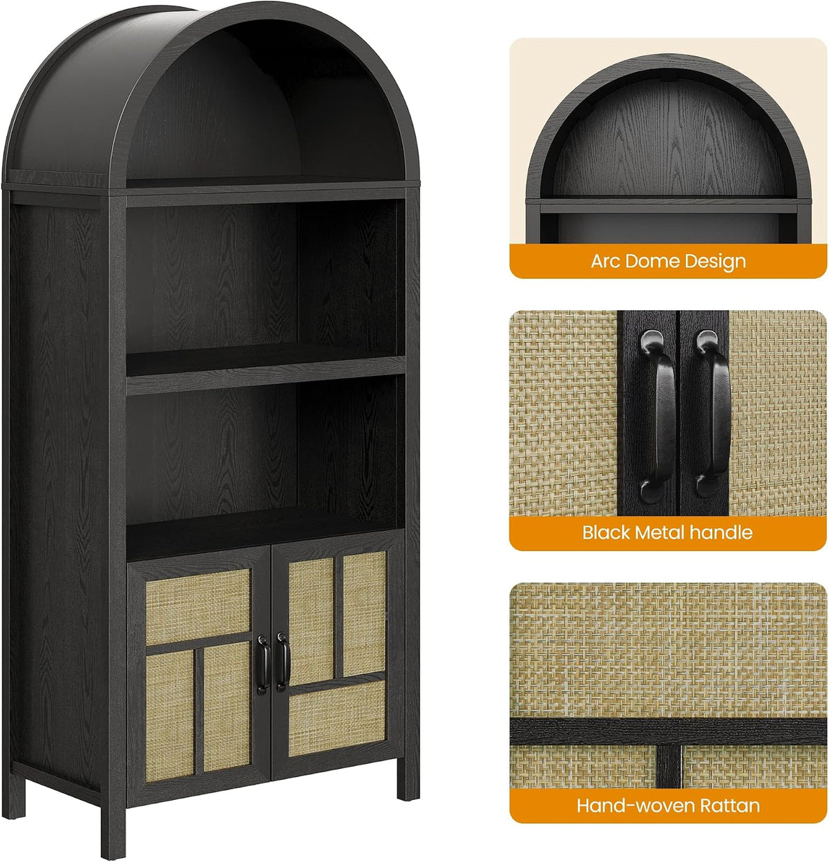 RoyalCraft Tall Arched Storage Cabinet with Rattan Door, 5-Tier Arched Kitchen Pantry with Adjustable Shelves, Black Bookshelf Bookcase Curio Display Cabinet Cupboard for Kitchen, Living Room