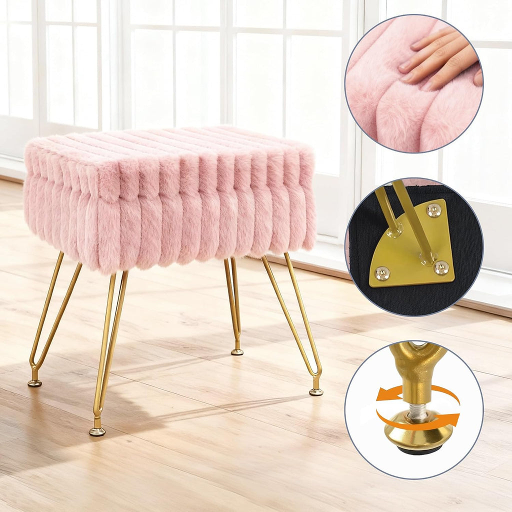 Vanity Stool Chair with Storage, Faux Fur Soft Padded Ottoman with Coffee Table, Modern Vanity Chair Fluffy Footstool with Metal Legs for Makeup, Living Room, Bedroom Pink