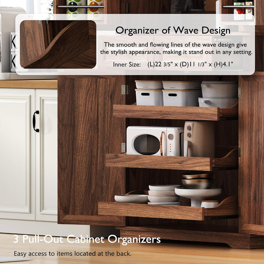 Polibi 71.2" Tall Kitchen Pantry Hutch with 3 Pull Out Cabinet Organizers,Farmhouse Embossed Texture Storage Cabinet with 6 Door Shelves,2 Drawers,Freestanding Cupboard for Kitchen, Dining Room,Brown