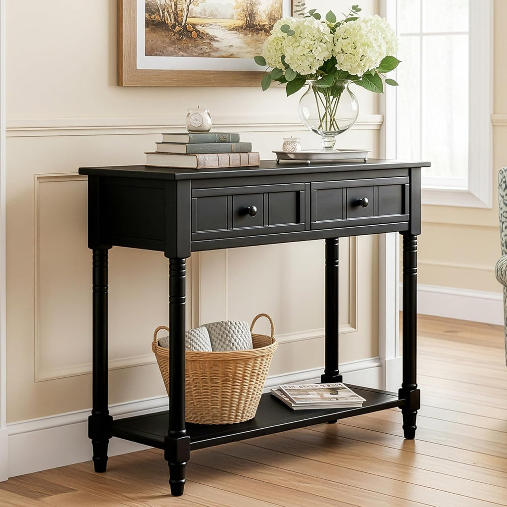 Knocbel Antique Entry Console Table with 2 Drawers & Bottom Open Shelf, Wood Sofa Tables for Entryway Hallway Living Room, 35.34" W x 13.8" D x 30.25" H, Black
