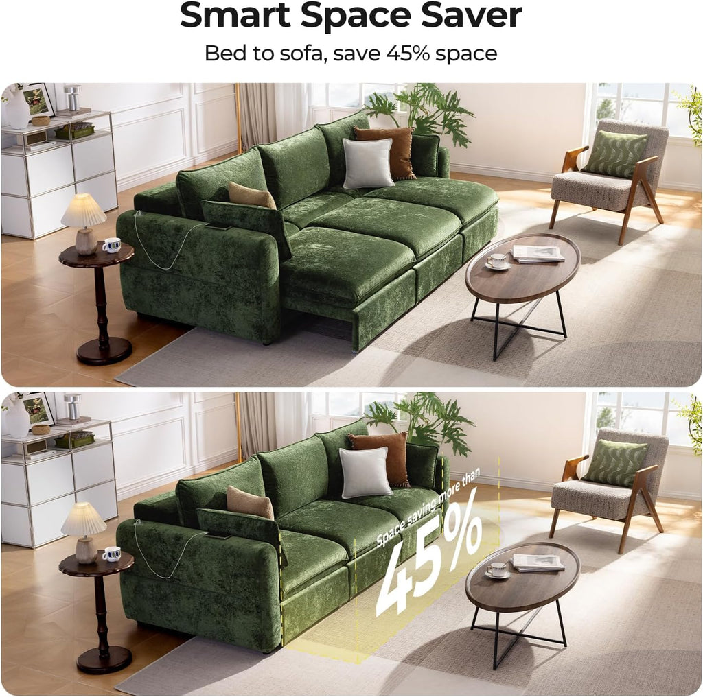 103" Electric Pull Out Sleeper Sofa Bed, 2in1 Power Extendable Couch Bed | Velvet Green, Fast Charging USB Port, 3 Smart Motor, Wide Backrest, Oversized Convertible Couches for Living Room Small Space