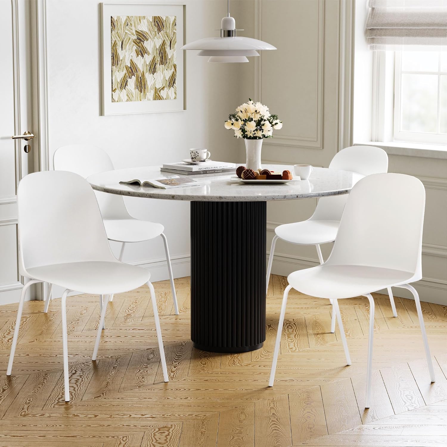 KISLOT Dining Chairs Set of 4, Plastic Outdoor Dining Room Chairs with Metal Legs, PP Anti-UV Stackable Patio Chairs with Ergonomic Back for Kitchen Swimming Pool, Easy Assembly, White