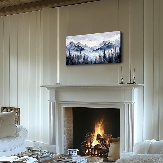 SERIMINO Mountain Landscape Large Wall Art, Misty Forest Canvas Prints, Blue Gold Watercolor Pine Tree Paintings Wall Decor Living Room Bedroom, Natural Scenery Office Decor Pictures 24"X48"