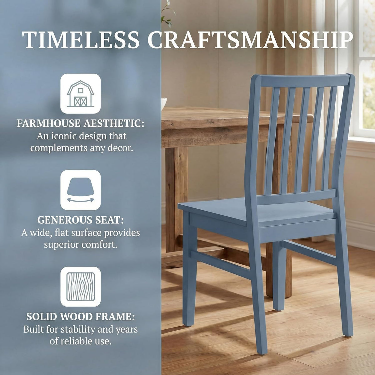 HNY Blue Wood Dining Chairs Set of 4, Farmhouse Kitchen Chairs with High Backrest and Wooden Legs, Armless Dining Side Chairs for Kitchen/Dining Room/Restaurant