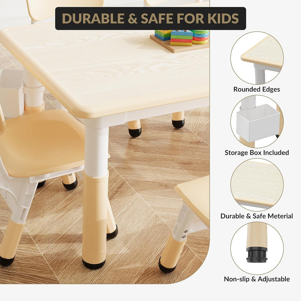 OUTLANE Kids Table and 6 Chairs Set, 47.2"X23.6" Activity Table with Anti-Slip Pads, Wooden Toddler Table and Chair Set with Storage Box, Art Craft Desk for Home Classroom Daycare, 12 Color Pens