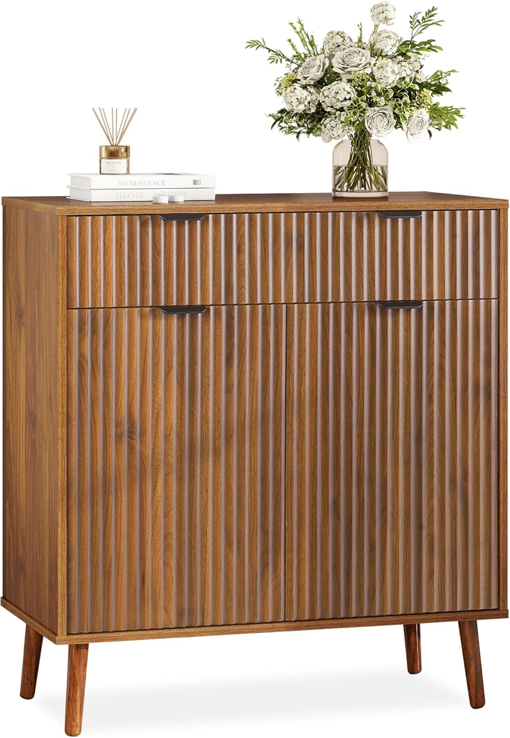 LYNCOHOME Fluted Sideboard Buffet Cabinet with Storage, 1 Drawers and 2 Doors,Solid Wood Feet for Kitchen, Hallway