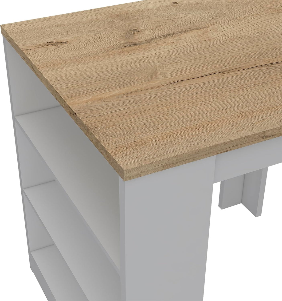 Kitchen Island with Three Drawers and Concealed Storage | Three open shelves for storage or decor display