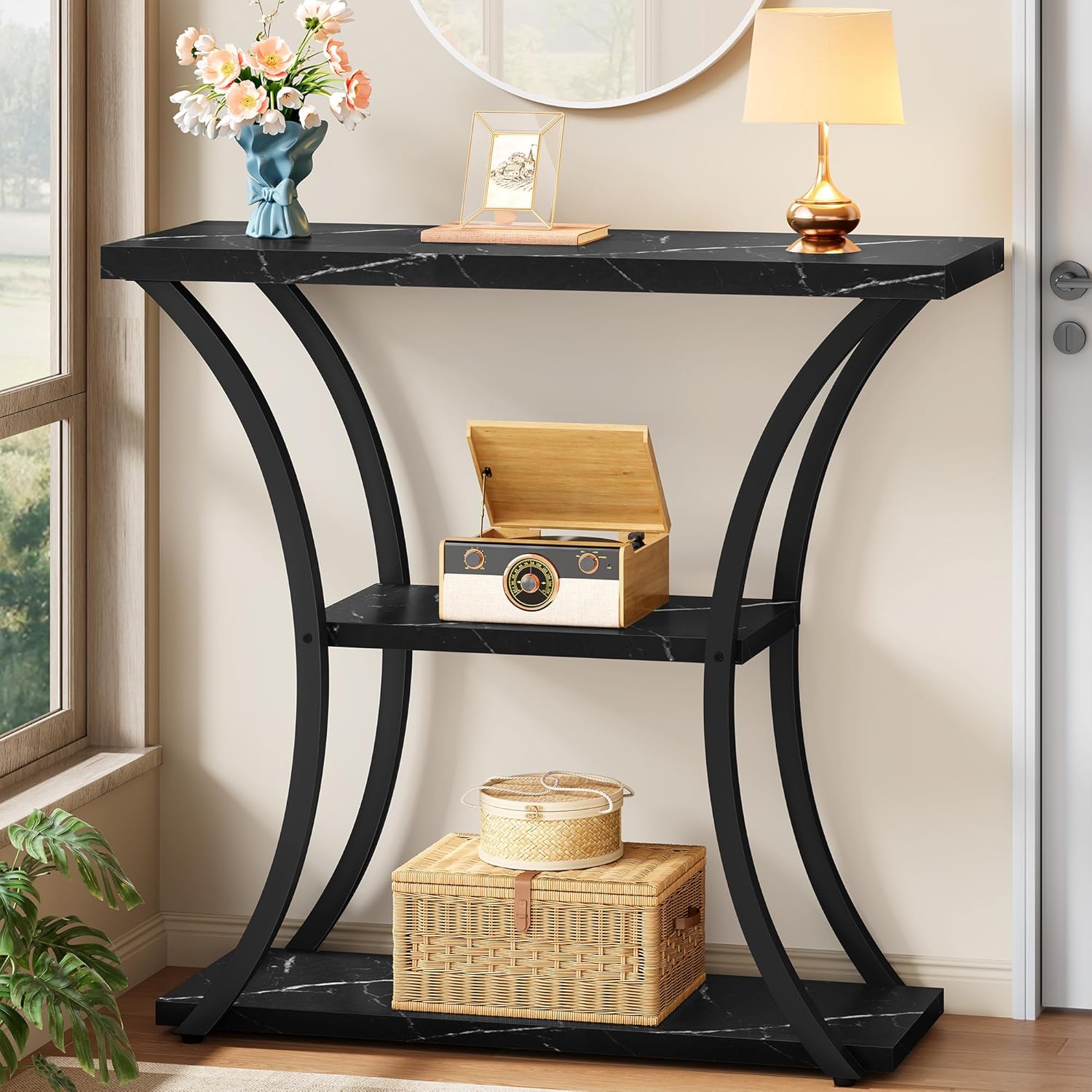 Hoctieon 3 Tier Console Table with Open Wood Shelves, Decorative Entryway Table with Curved Metal Frames, Narrow Sofa Table for Entrance, Living Room, Hallway, Black Marbled