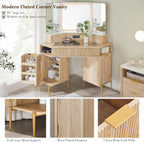 T4TREAM 48" Corner Makeup Vanity with Lighted Triple Mirror, Natural Oak | Modern, Fluted Vanity, Glass Top, 3 Drawers, 2 Cabinets, Organized Bedroom Storage