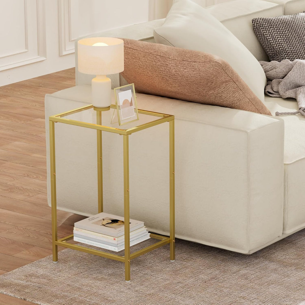 HOMSHO Side Tables Set of 2, End Tables with Tempered Glass, 2-Tier Nightstands with Storage Shelves, Coffee Table with Modern Style, Slim Sofa Table for Living Room, Bedroom, 11.8" D x 15" W, Gold