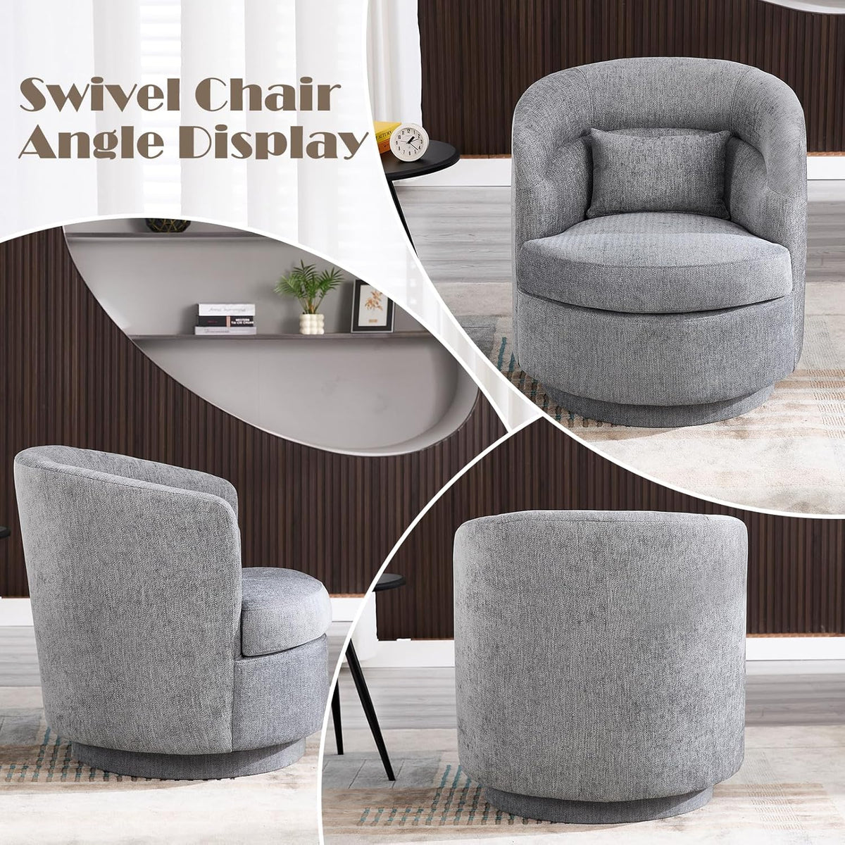 CANMOV Swivel Accent Chair, 360 Degree Round Swivel Barrel Chair with Pillow, Upholstered Comfy Barrel Armchair Single Club Sofa Chair for Living Room,Bedroom, Reading Room, Dark Grey