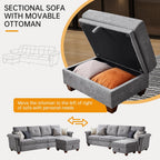 108'' Convertible Sectional Sofa with Storage, 4 Seat L Shaped Couch with Chaise and Cup Holder, Modern Microfiber Fabric Sofas Couches for Living Room, Light Grey