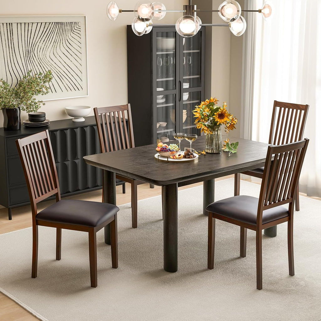 Giantex Wooden Dining Chairs Set of 4, Upholstered Kitchen Chairs w/Slat Back, Wear-Resistant PVC Leather, Rubber Wood Legs, Farmhouse Dining Side Chairs for Dining Room, Living Room, Espresso