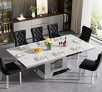 94 in Large Extendable Dining Table for 6 8 10, White Marble Pattern Top & Silver Mirrored Base, 3 Position Expansion 63" to 94", Modern Luxury Expandable Dining Room Table for Dinner Family Gathering
