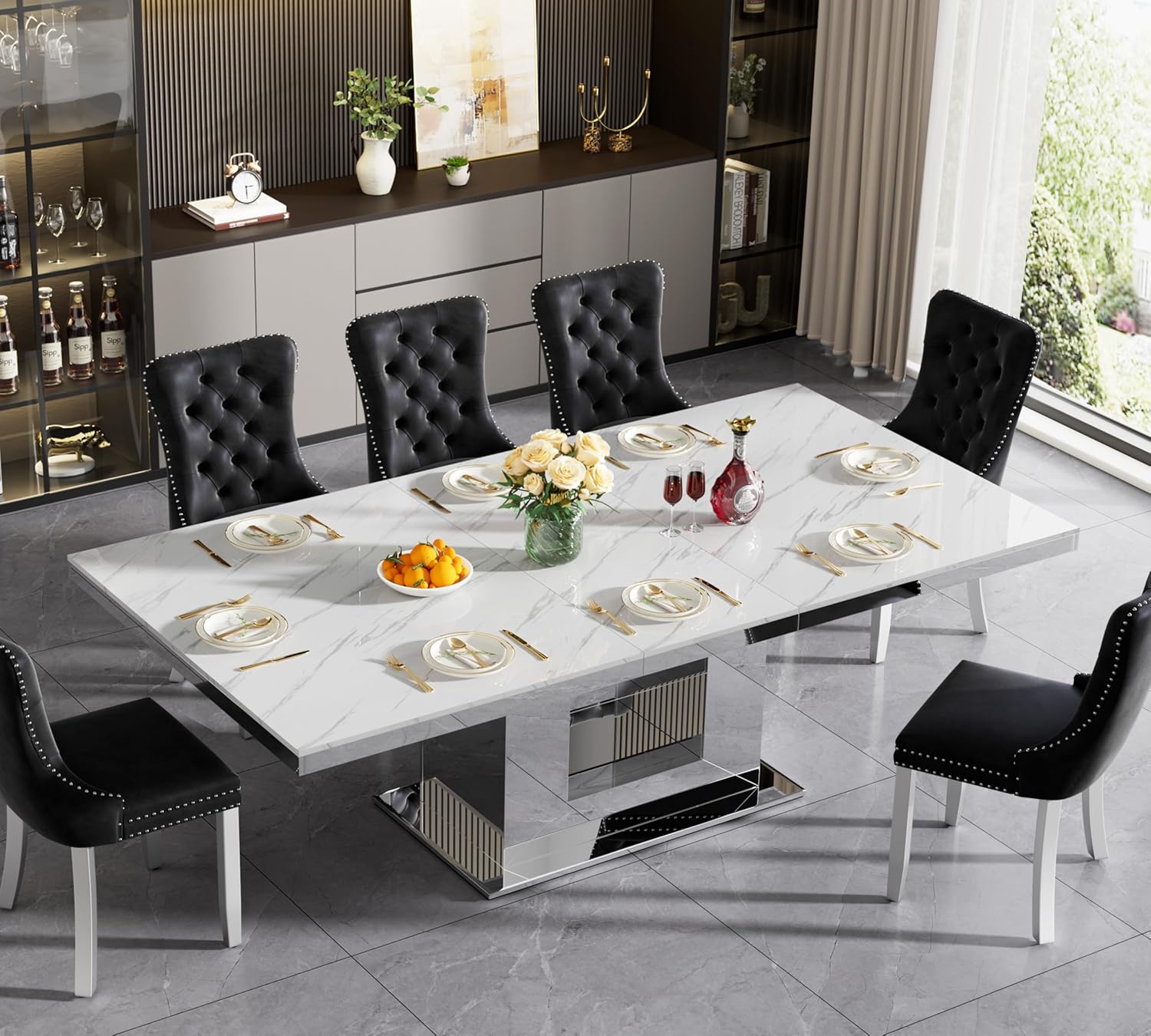 94 in Large Extendable Dining Table for 6 8 10, White Marble Pattern Top & Silver Mirrored Base, 3 Position Expansion 63" to 94", Modern Luxury Expandable Dining Room Table for Dinner Family Gathering