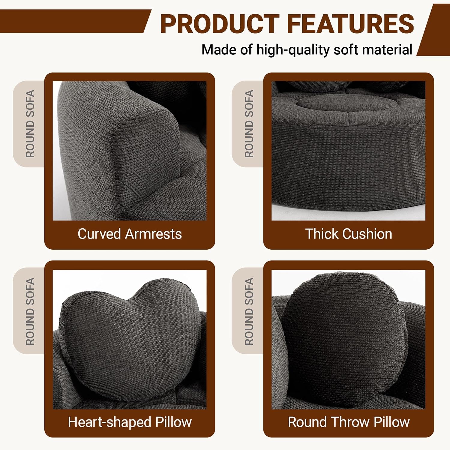 (New) Round Floor Chair Lounger Indoor, Circle Couch With 2 Pillows for Living Room, Cozy Cuddle Chair In a Box With Curved Armrest And Backrest, Heart Shaped, No Assambly Needed (Gray Black)