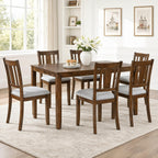 7-Piece Dining Table Set, Counter Height Kitchen Set with Rectangular Table & 6 Slatted Backrest Upholstered Chairs, Farmhouse Dining Room Furniture, Wooden Table & Chair for Home, Walnut