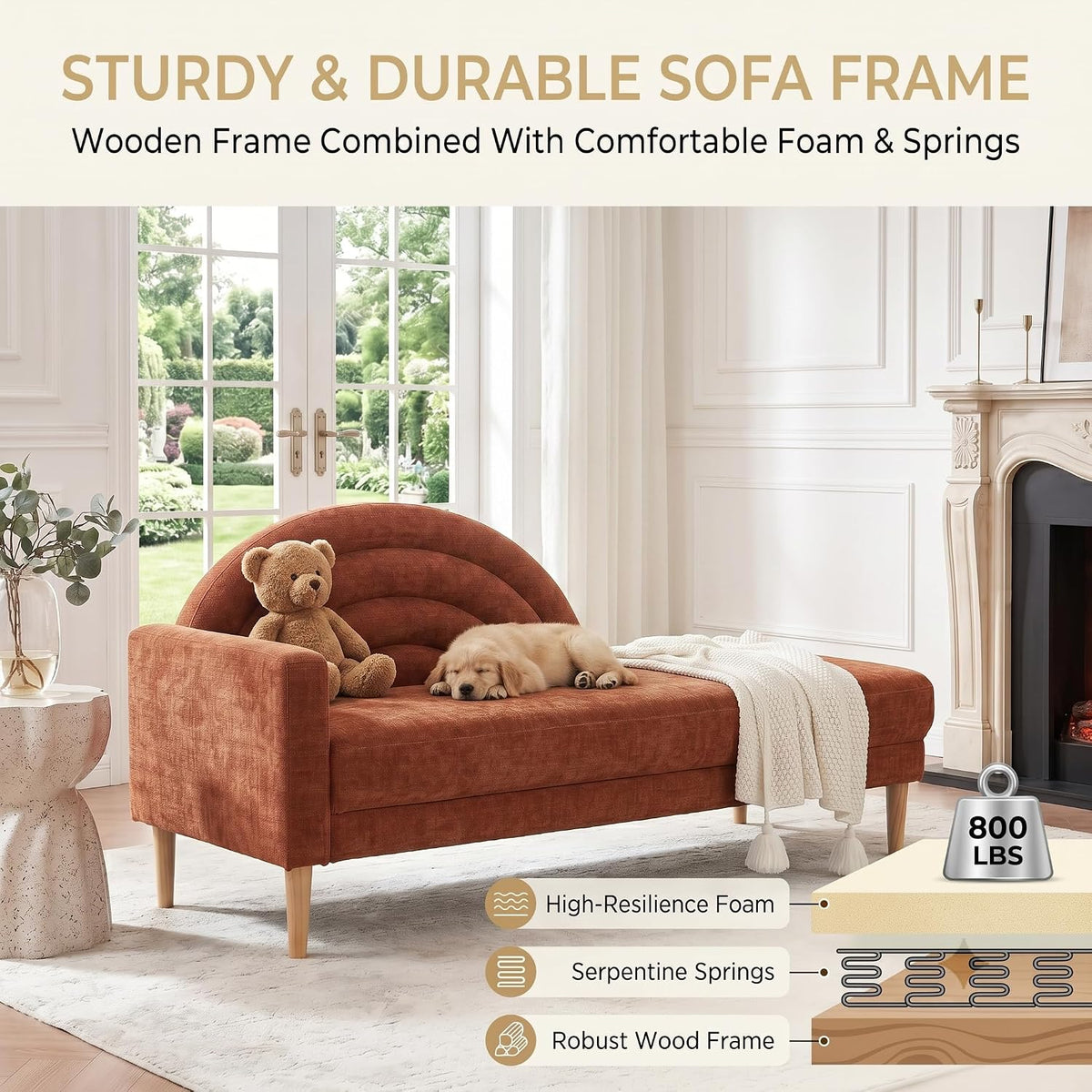 62.2" Linen Chaise Lounge Chair Indoor with Right Armres, Ocher Orange | Small Chaise Lounge for Bedroom, Recliner Chair Lounge Sofa for Office/Living Room, Comfy Wooden Chaise Lounge Couch