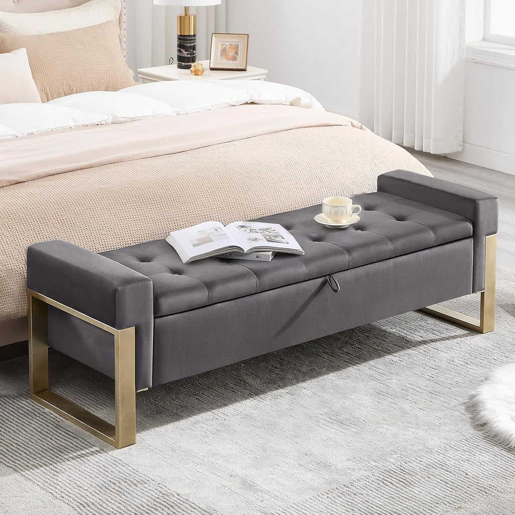 End of Bed Storage Bench, 67'' Benches for Bedroom Foot of Bed King Size, Upholstered Velvet Tufted Storage Ottoman Bench with Gold Legs for Window Living Room Entryway, Grey