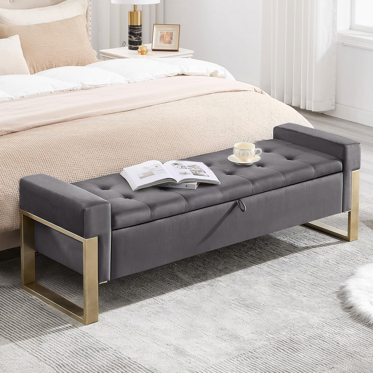 End of Bed Storage Bench, 67'' Benches for Bedroom Foot of Bed King Size, Upholstered Velvet Tufted Storage Ottoman Bench with Gold Legs for Window Living Room Entryway, Grey