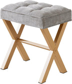 Royal Windsor Vanity Stool,Small Makeup Chair with Metal X Legs | Square Foot Stool,Modern Vanity Chair,Upholstered Vanity Seat for Entryway,Bedroom and Living Room,Light Grey+Yellow