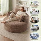 55''Oversized Round Chair Lounge Chaise Indoor, Modern Upholstered Corduroy Cloud Circle Chair with Deep Seat, Comfy Fluffy Sleeper Sofa for Living Room Bedroom No Assembly Required (Brown)
