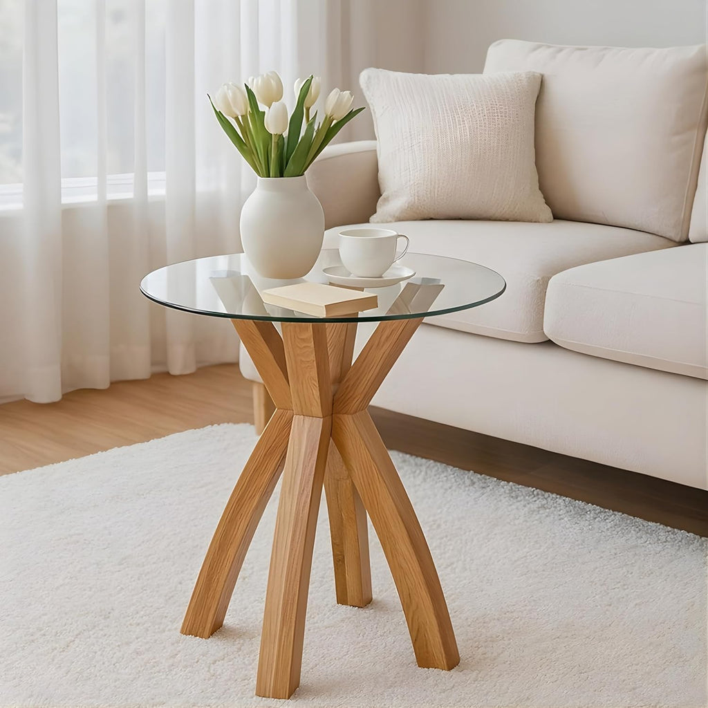 Round Glass End Table, Small Sofa Side Table for Living Room, Bedroom. Stylish Wood Legs with 20” Tempered Glass Top. Nature Oak