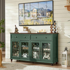 Joaxswe Farmhouse Sideboard Buffet Cabinet with Storage,Adjustable Shelves Console Table,59" Large Credenza with 4 Glass Doors & 2 Drawers,Wood Kitchen Coffee Bar for Dining Room,Living Room,Green