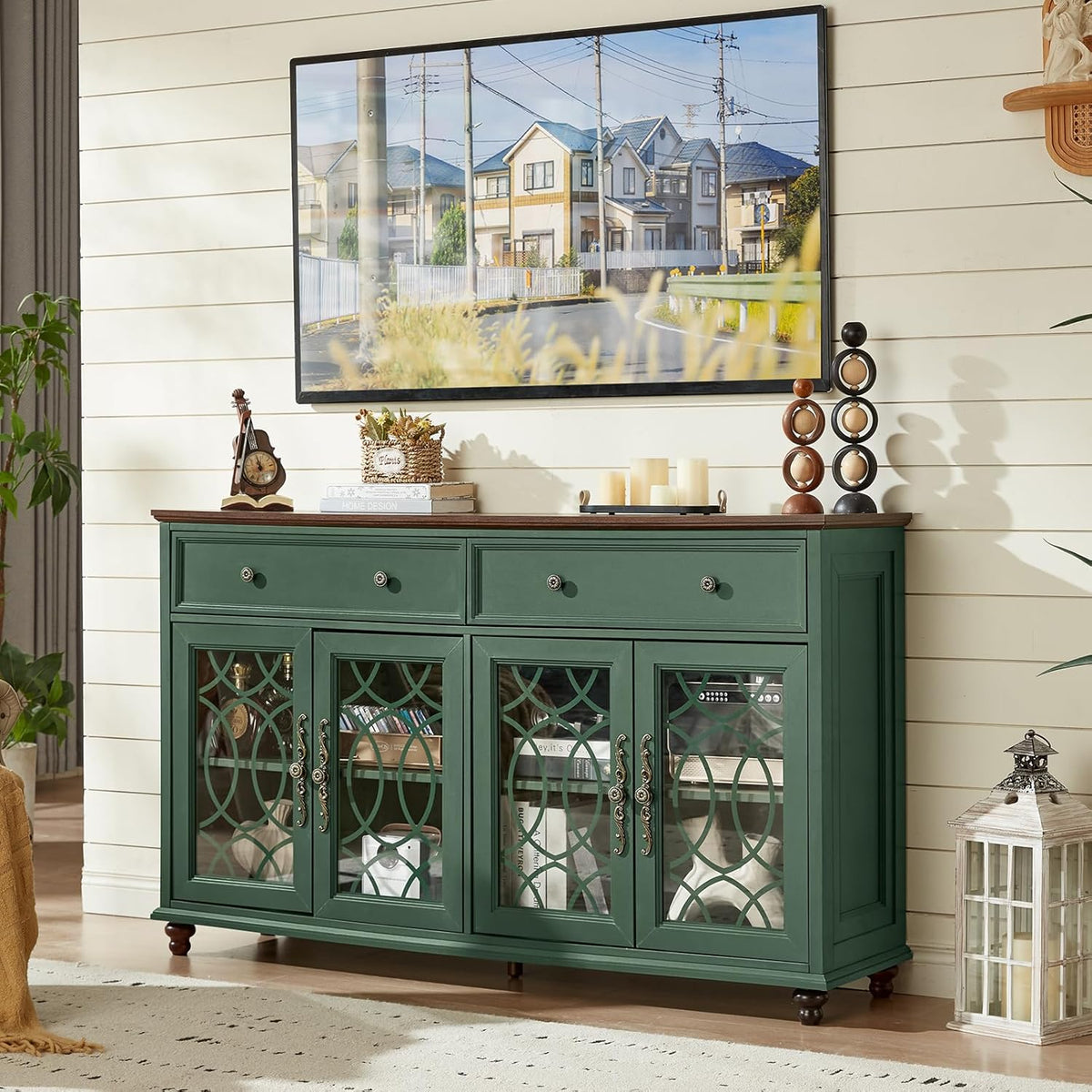 Joaxswe Farmhouse Sideboard Buffet Cabinet with Storage,Adjustable Shelves Console Table,59" Large Credenza with 4 Glass Doors & 2 Drawers,Wood Kitchen Coffee Bar for Dining Room,Living Room,Green