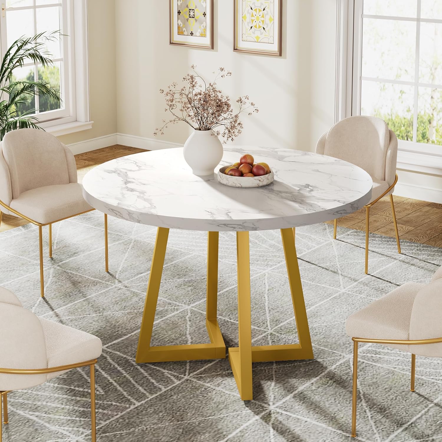Tribesigns Round Dining Table for 2, 31.5" Modern Kitchen Table with Metal Base, Small Table for Dining Room, Small Space, Apartment, Office, Restaurant, White & Gold