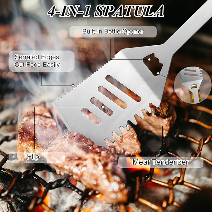 Griddle Accessories Kit - Grilling Accessories, Stainless Steel Heavy Duty Grill Tools Set with Spatula, Fork, Tongs and Gift-Box for Outdoor Barbecue, Home Grill (3PCS)