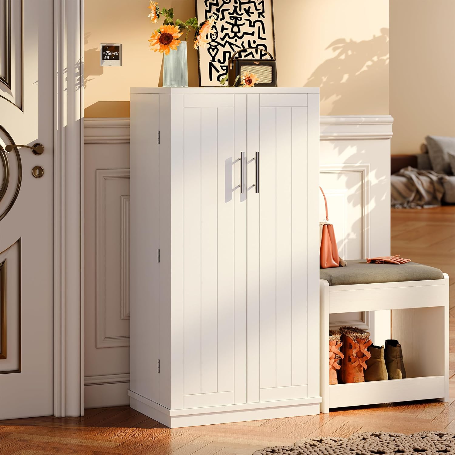 SUNLEI 47" Kitchen Pantry Storage Cabinet, Modern Freestanding Pantry Storage Cabinet with Adjustable Shelves, Buffet Cupboards Storage for Kitchen, Dining Room, White