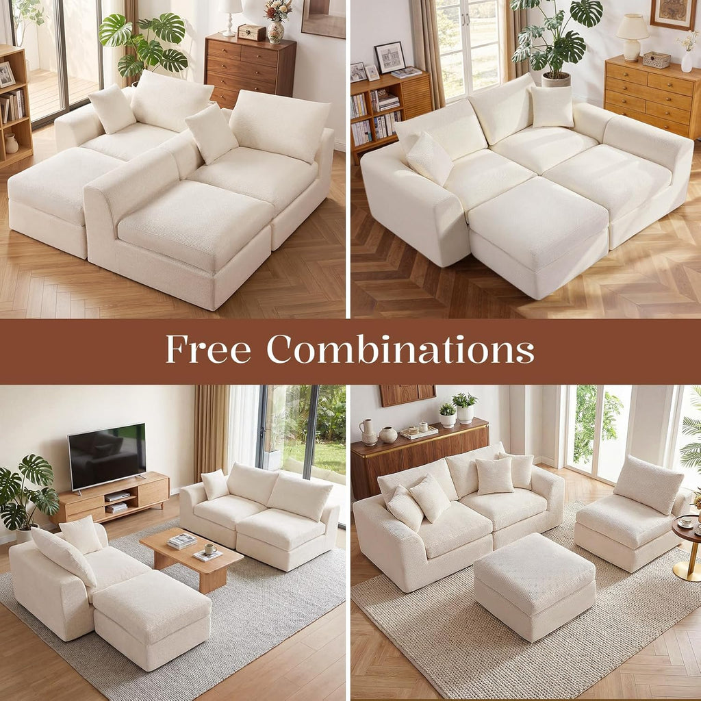 Benazcap 110" Cloud Sectional Couches for Living Room, L-Shaped Convertible Sofa, 3-Seat Modular Couch with Movable Ottoman, Beige