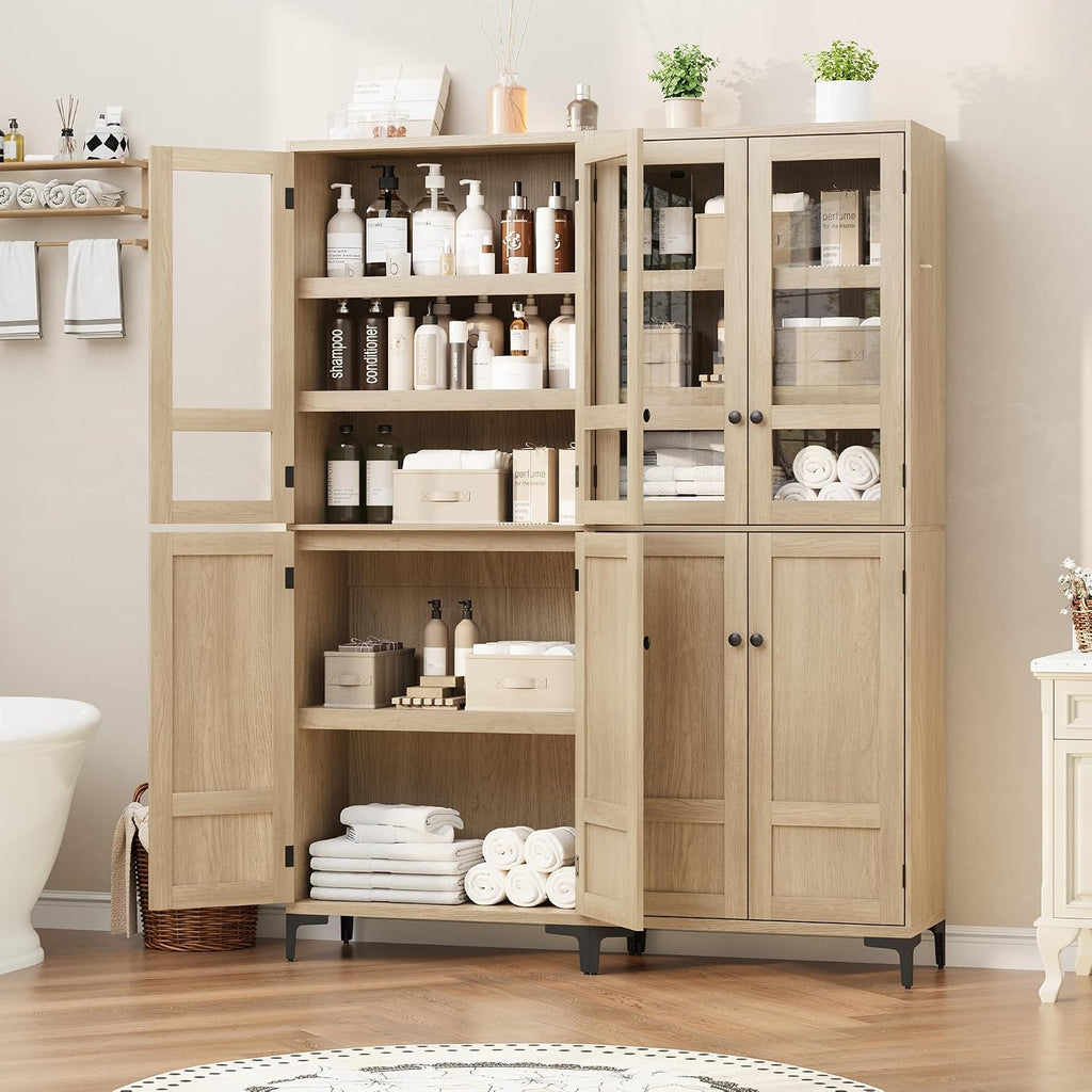 GarveeHome 71 in Tall Storage Cabinet, Kitchen Pantry Cabinet 5 Tier Bathroom Cabinet with 4 Doors Adjustable Shelves for Kitchen, Dining Room, Bathroom (Pear Wood, Glass with 4 Doors)