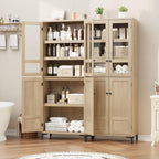 GarveeHome 71 in Tall Storage Cabinet, Kitchen Pantry Cabinet 5 Tier Bathroom Cabinet with 4 Doors Adjustable Shelves for Kitchen, Dining Room, Bathroom (Pear Wood, Glass with 4 Doors)