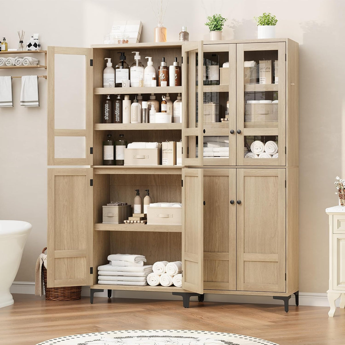 GarveeHome 71 in Tall Storage Cabinet, Kitchen Pantry Cabinet 5 Tier Bathroom Cabinet with 4 Doors Adjustable Shelves for Kitchen, Dining Room, Bathroom (Pear Wood, Glass with 4 Doors)