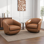 360° Swivel Barrel Accent Chair, PU Leather Upholstered Club Armchair for Living Room, Modern Round Arm Chair Single Sofa Bedroom Reading Seating (Brown)
