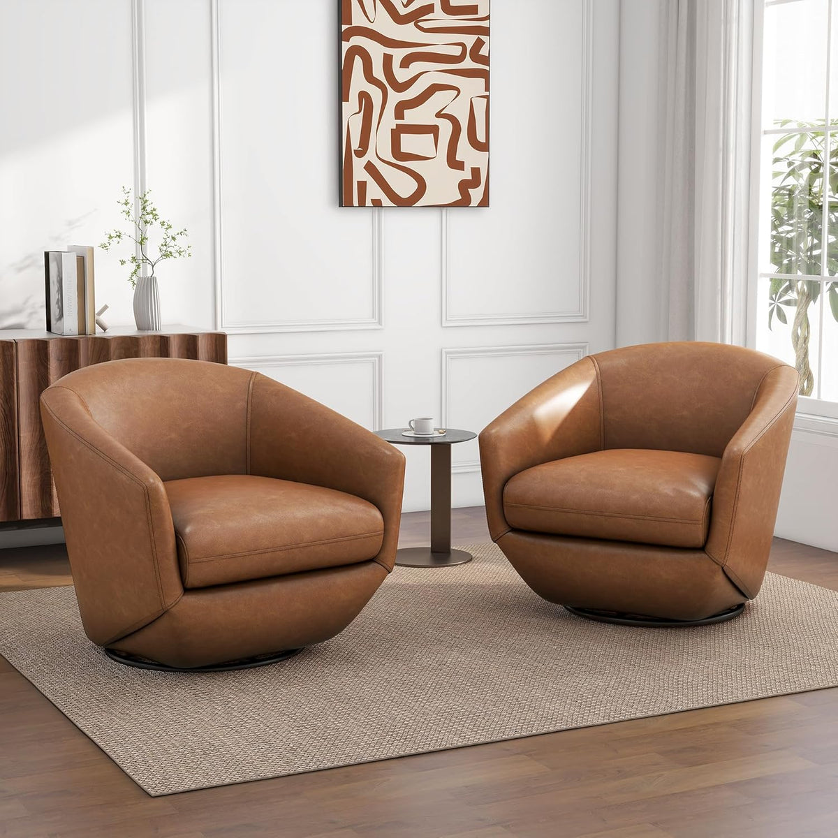 360° Swivel Barrel Accent Chair, PU Leather Upholstered Club Armchair for Living Room, Modern Round Arm Chair Single Sofa Bedroom Reading Seating (Brown)