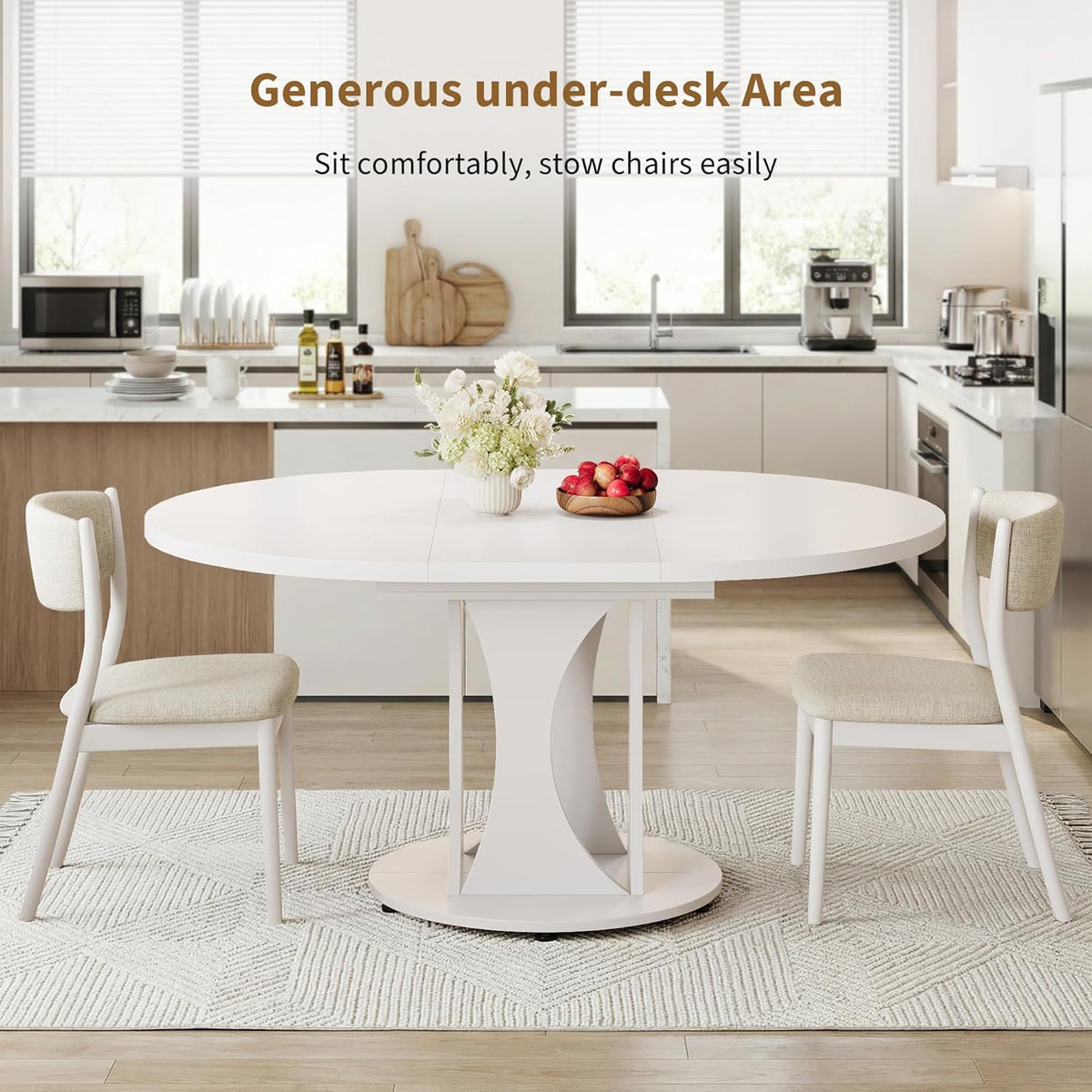 iPormis 43"-59" Extendable Dining Table, Round Kitchen Table with Modern Arcs Pedestal, Oval Dinner Table with Removable Leaves,Hidden Storage, for Kitchen, Dining Room, Living Room, Office, White