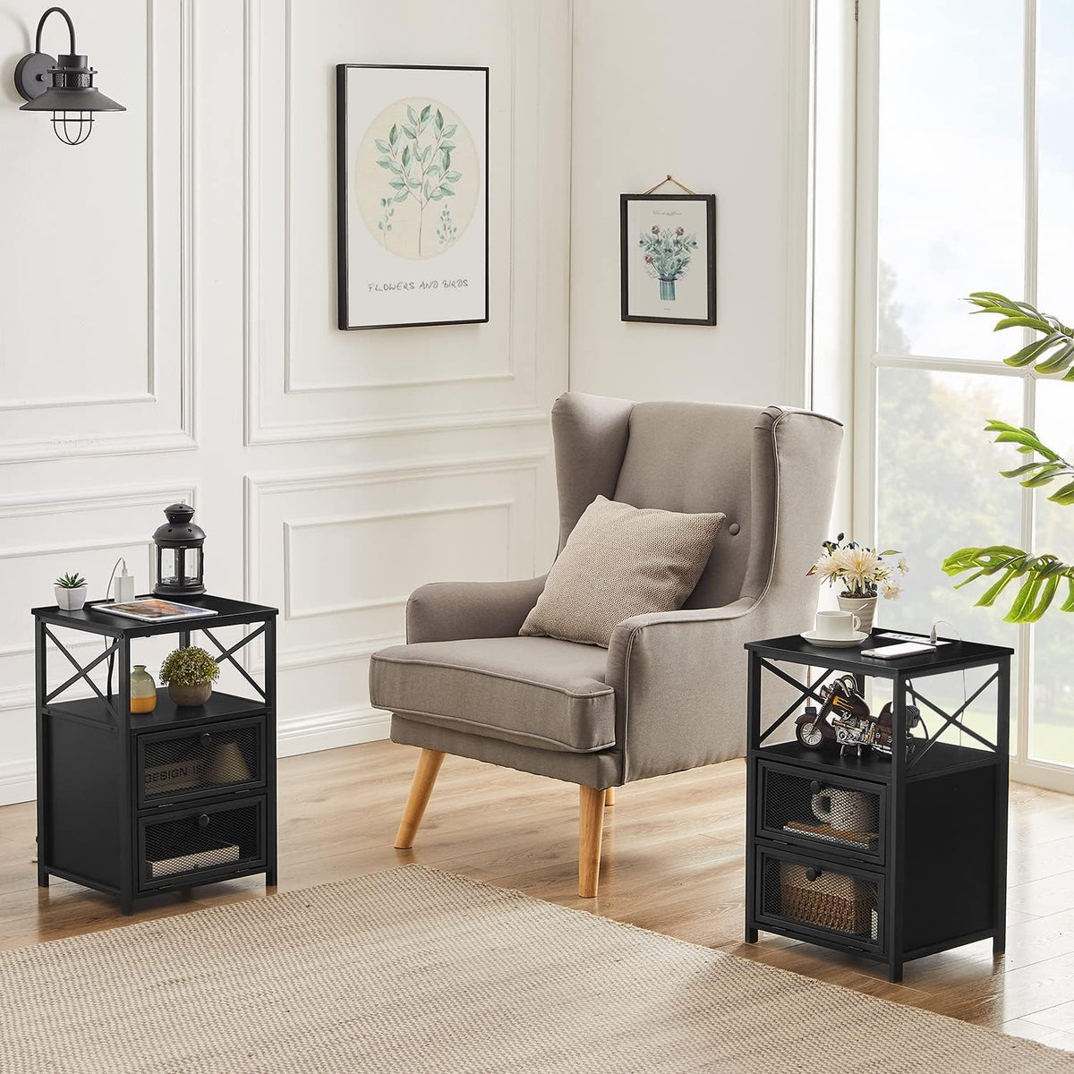 VECELO Black End Table with USB Ports and Outlets,24 Inch Nightstands with Charging Station and Storage Shelf for Bedroom,Living Room, 1 Set