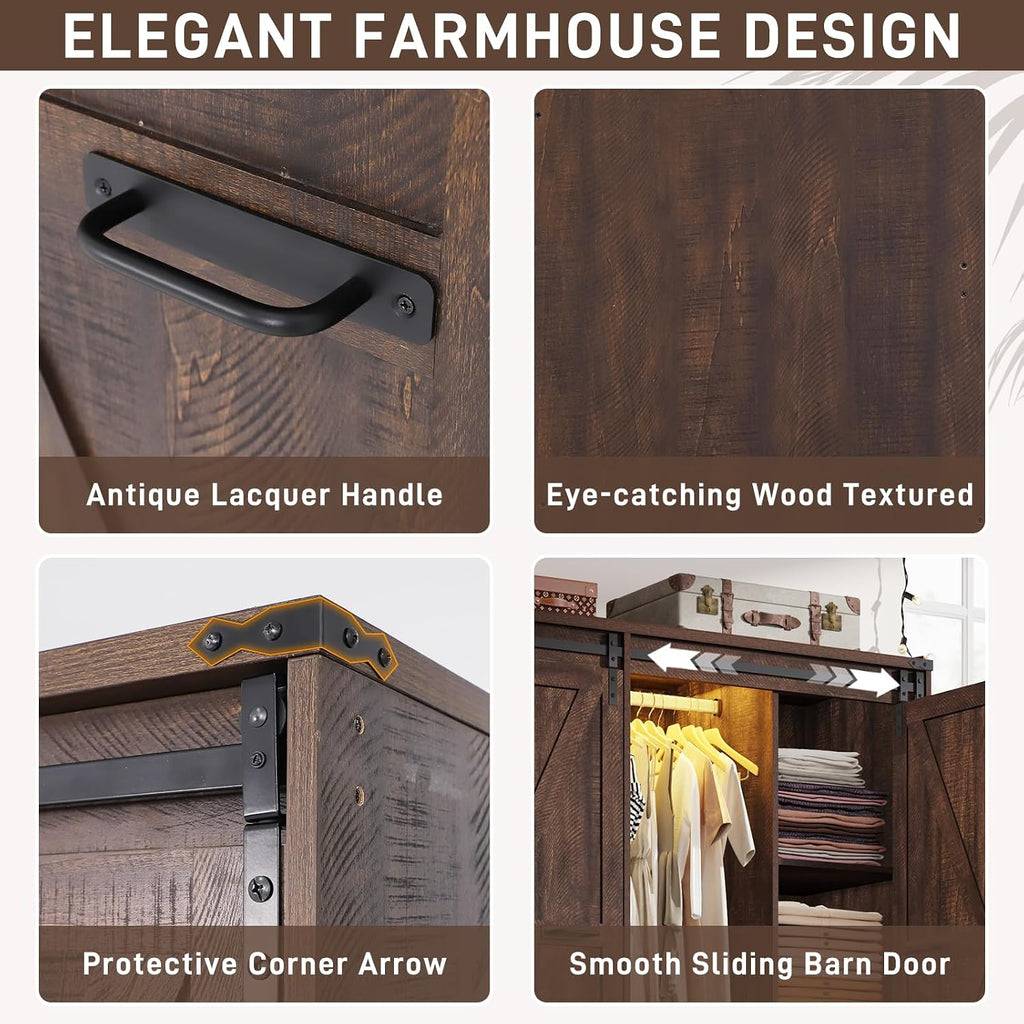 Farmhouse 4 Doors Armoire Wardrobe Closet w/Folding Sliding Barn Door and Lights, LED Armoire Closet w/Drawers for Bedroom, Freestanding Wooden Wardrobe Storage Closets w/Hanging Rod,Rustic Brown