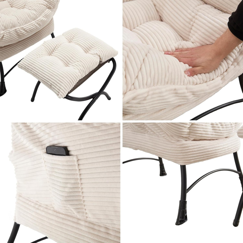 Corduroy Lazy Chair with Ottoman, Modern Large Accent Lounge Chair, Comfy Upholstered Reading Chair with Footrest, Oversized Leisure Armchair for Living Room, Bedroom, Dorm, White