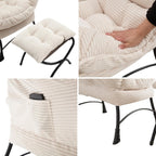 Corduroy Lazy Chair with Ottoman, Modern Large Accent Lounge Chair, Comfy Upholstered Reading Chair with Footrest, Oversized Leisure Armchair for Living Room, Bedroom, Dorm, White