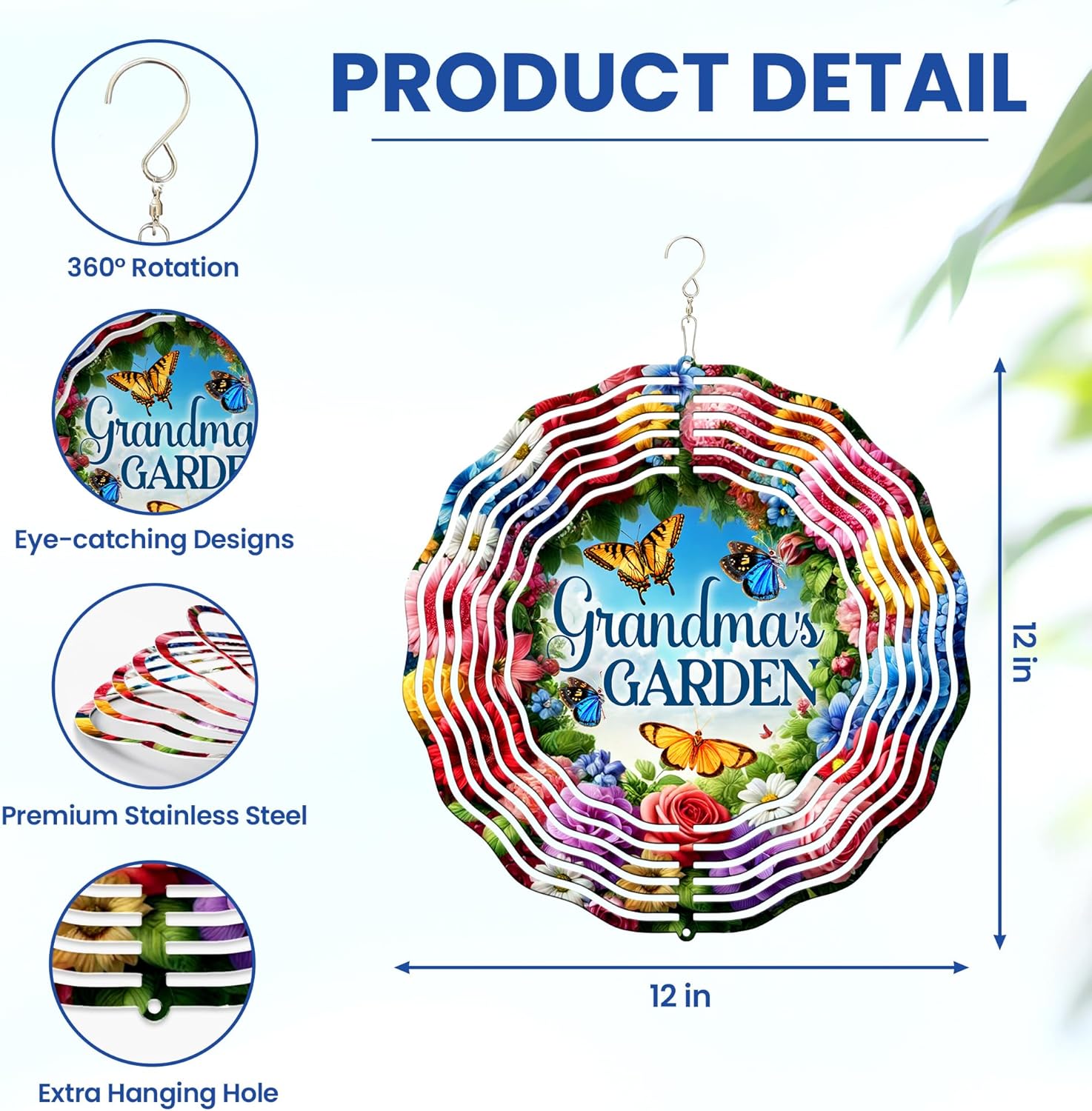 FLAGWIX Christmas Garden Gifts for Grandma - Nana's Garden 3D Stainless Steel Metal Wind Spinners 12 in - Gardening Grandma Christmas Birthday Gifts for Women Nana Gigi, Grandmother Gift Ideas