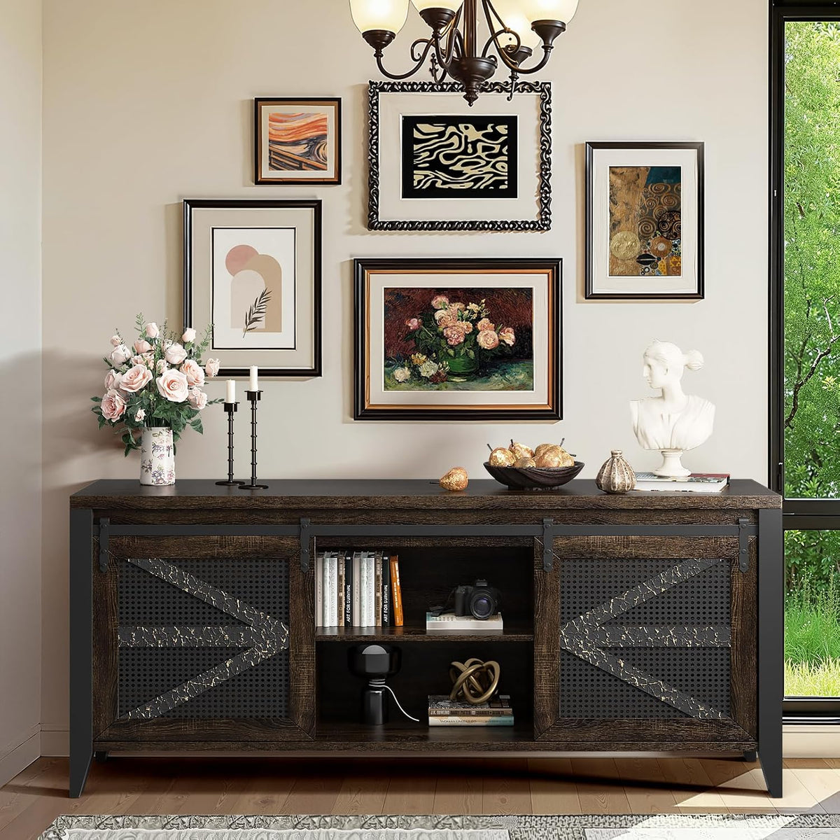 VFK 60 Inch TV Stand for TVs up to 65", Rustic Farmhouse Media Console with Sliding Barn Doors, 6 Drawers, Entertainment Center for Living Room